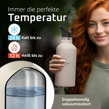 Фляга для води з нержавіючої сталі з трубочкою та інфузером, 3 кришки: BPA-free, не протікає, підходить для газованої води - 950 мл, Cream White, бамбук