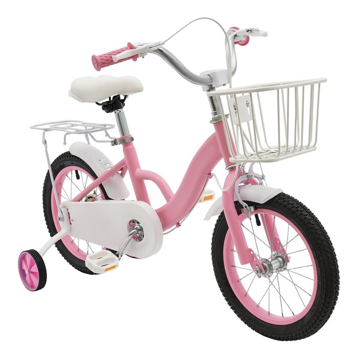 Дитяче велосипед 14 дюймів з додатковими колесами та кошиком, рожевий. Підходить для дітей 3-7 років, регульована висота сідла.