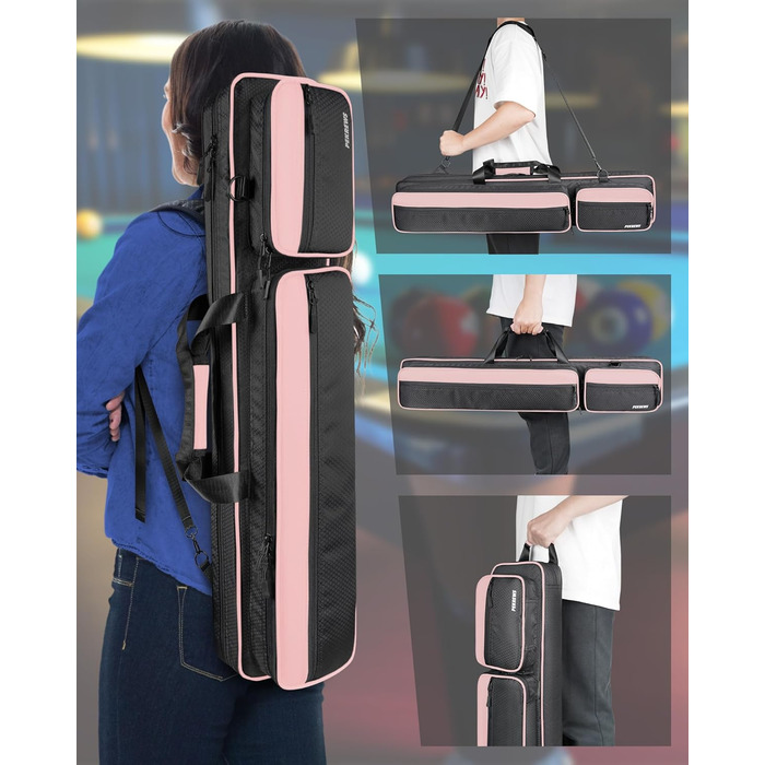 Чохол для більярдних київ: містка сумка на 4 киї, 5 відділень для аксесуарів, м'яка та міцна, з регульованими плечовими ременями (Рожевий/Чорний)