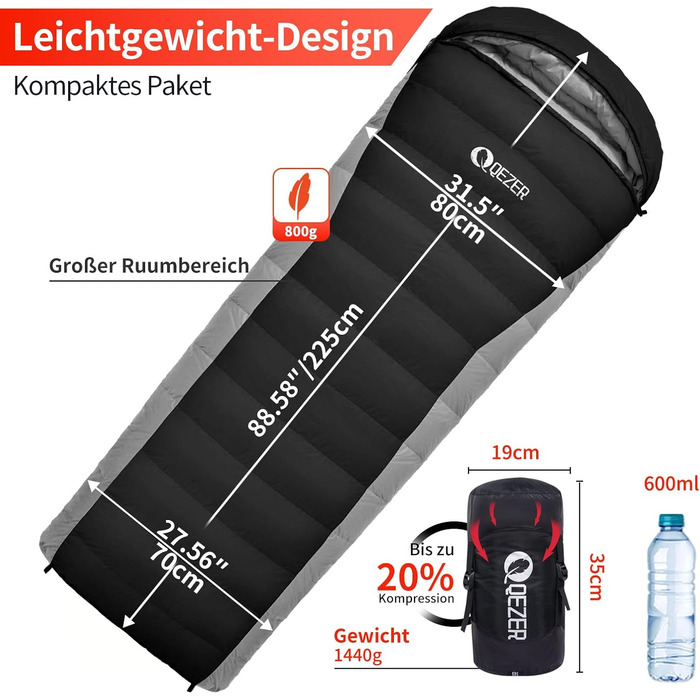 Сплячий мішок пуховий зимовий, 600FP+ Premium, 12°C до -24°C, легкий та теплий, для кемпінгу, трекінгу, 3-4 сезони, чорний