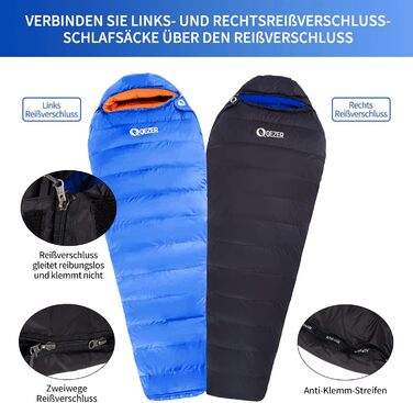 Спальний мішок пуховий Daunenschlafsack зимовий 0°C до -23°C для дорослих та дітей, 4 сезони, синій сапфір, 800 г пуху, комфортна температура 7°C