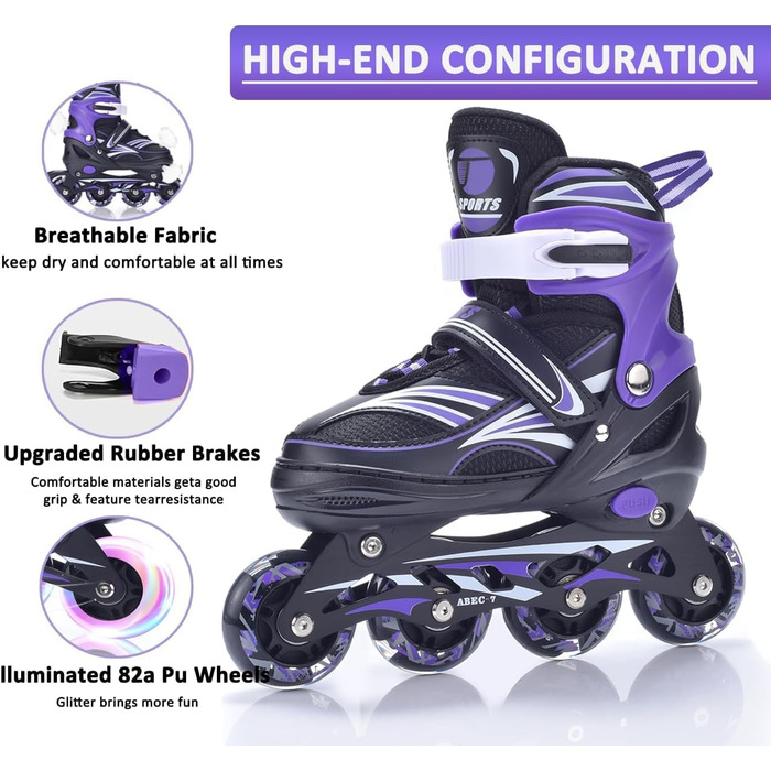 Дитячі ролики ERAN з регулюванням розміру. Роликові ковзани, регульовані на 4 розміри для дівчаток/хлопчиків/дітей, для використання в приміщенні та на вулиці, фіолетовий колір