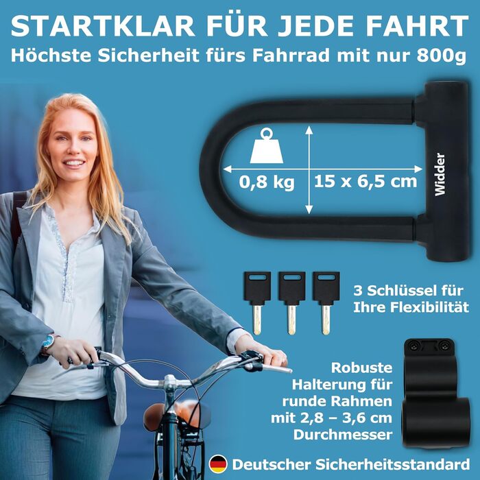 Надійне велозамк WIDDER: сталевий трігер 14 мм, висока безпека, 800 г, з кріпленням та 3 ключами, для електровелосипедів, скутерів та шосе