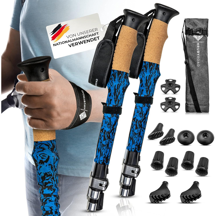 Треткінгові палиці HrubyRoad® - телескопічні, складні | Палиці для Nordic Walking для жінок та чоловіків | Стабільні палиці для трекінгу [з 6 насадками] | Ручки з натурального корку
