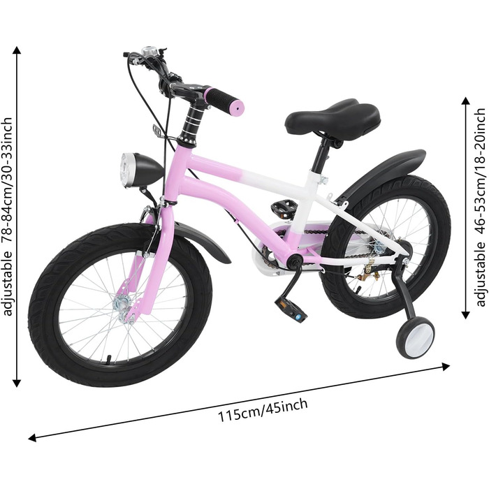 Дитячий велосипед 16 дюймів для хлопчиків та дівчаток, сталевий, 5-8 років, з бічними колесами та регулюванням висоти, рожевий + LED-ліхтар