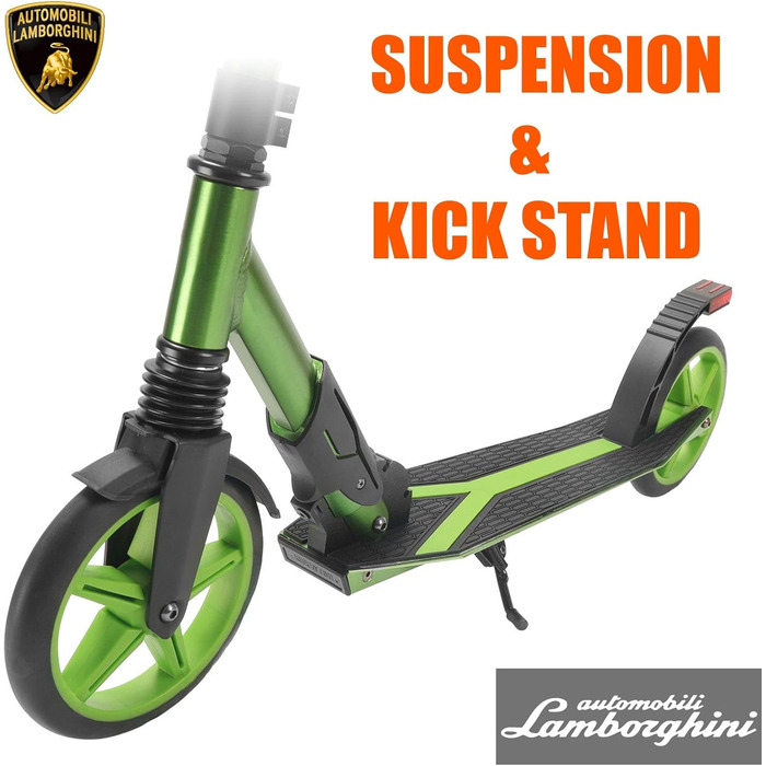 Скутер Lamborghini Tretroller Cityroller Big Wheel: складний, регульована висота, для дорослих та дітей, з підставкою, передньою підвіскою та гальмом на задньому колесі, до 100 кг (зелений)