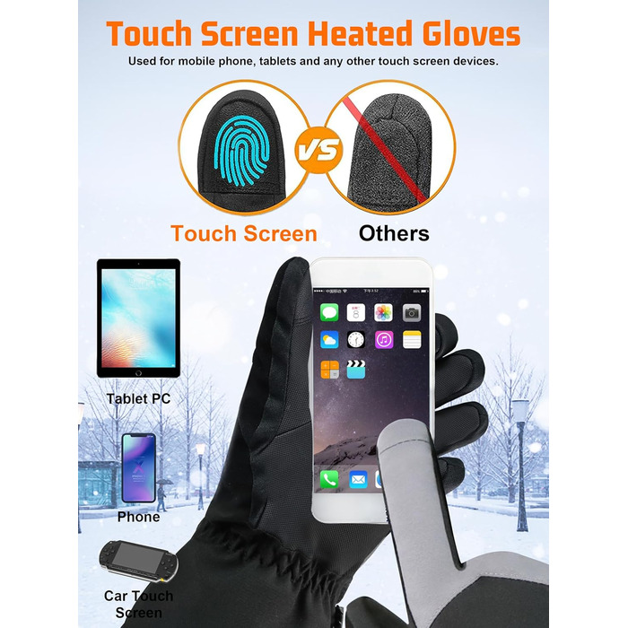 Гріючі рукавички 7.4V 3000mAh для жінок та чоловіків, водонепроникні, вітронепроникні, з підтримкою сенсорного екрану, для мотоциклів, катання на снігоходах, туризму та кемпінгу, чорні, XL