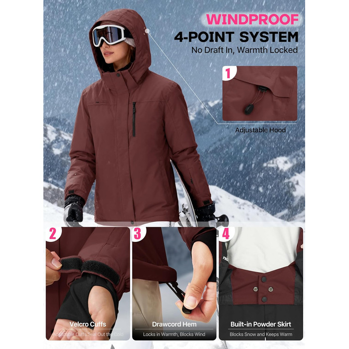Жіноча водонепроникна куртка для сноубордингу та лижного спорту FREE SOLDIER з флісовою підкладкою, тепла зимова куртка з капюшоном, повністю проклеєні шви (XXL, Бордовий)