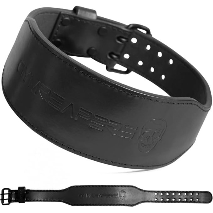 Пояс для важкої атлетики Gymreapers – професійний шкіряний пояс 7 мм з регульованою пряжкою, стабілізуюча підтримка нижньої частини спини, ширина 4 дюйми, чорний