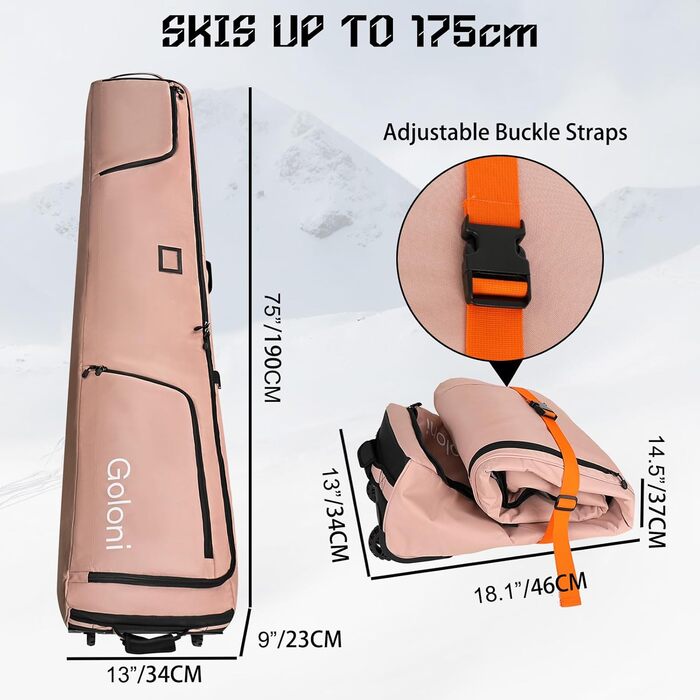 Чохол для сноуборда на колесах, водонепроникний, 600D, для подорожей літаком, вміщує 2 пари лиж (175см), рожевий