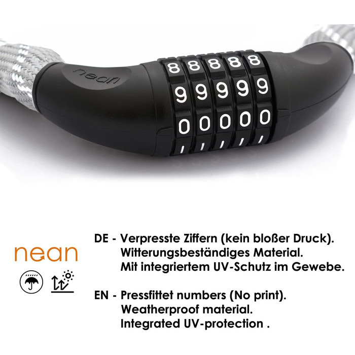 Надійне велозамок Nean з кодом, 6x6x900 мм, сталевий ланцюг, тканинне покриття, висока безпека