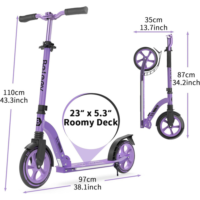 Дитячий самокат Beeliv Roller Kinder з великим колесом 230 мм, LED-підсвітка, регульована висота, ремінь, складаний, для дітей, підлітків, дорослих (фіолетовий)