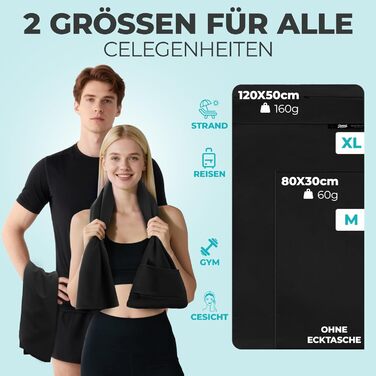 Рушник для фітнесу Zepphi: великий (120x50 см) + маленький (80x30 см) | Мікрофібра, кишеня на блискавці | Швидковисихаючий, для спортзалу та тренувань (Чорний)