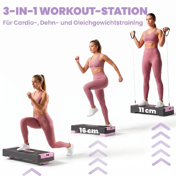 Регульована aerobic-платформа для фітнесу (2 рівні: 11/16 см) з 2 еспандерами та антиковзаним килимком, рожева