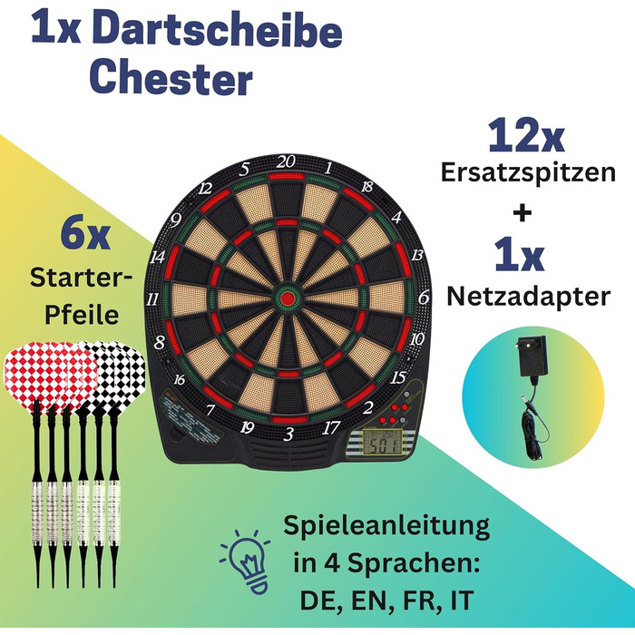 Електронна дартс-мішень Best Sporting Chester 2 з LCD-дисплеєм, 6 дротиками та змінними наконечниками, для 4 гравців, високоякісний автоматичний дартс