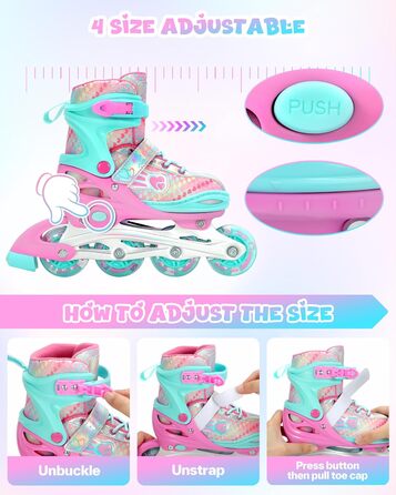 Дитячі ролики Sportneer з регульованим розміром 30-41, комплект з 6 захисними елементами, LED ролики для дівчаток та жінок, рожевий колір, розмір L (EU 38-41)