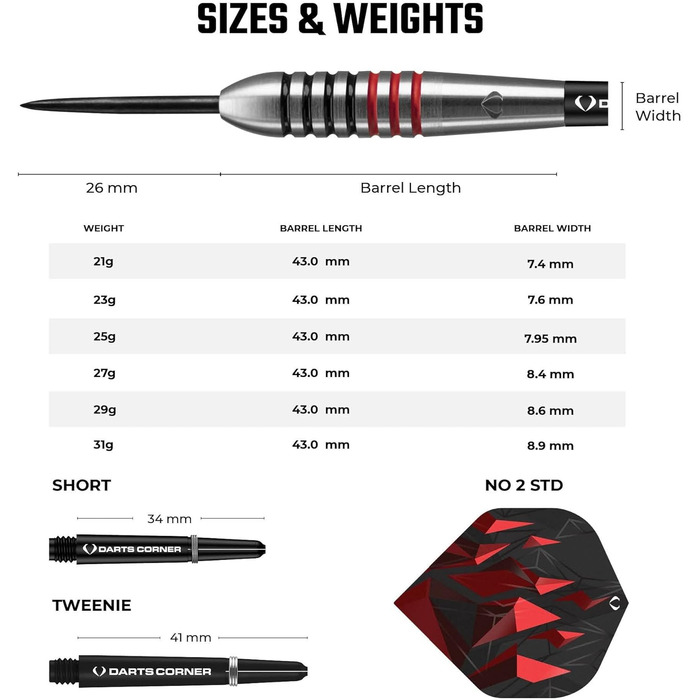 Набір дартсів Darts Corner Astrofire 90% вольфрам, сталеві наконечники, 6 флайтів, 6 шафтів, платіжна карта, кейс для зберігання, кільця