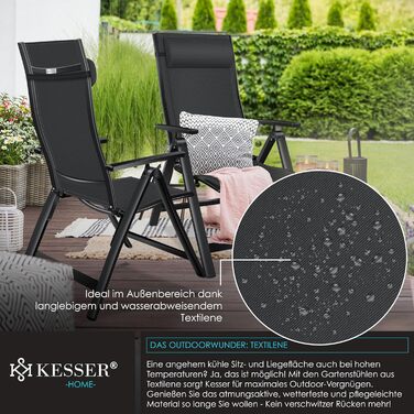 Крісло садове KESSER® з високою спинкою та підлокітниками, алюмінієве, складне, з подушкою та чохлом, для кемпінгу, регульована спинка, дихаючий матеріал, вологостійке, чорне, 1 шт.