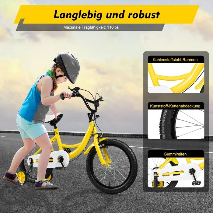Дитячий велосипед 16 дюймів для дітей 5-8 років (105-135 см), міцний сталевий велосипед з додатковими колесами, регульоване сидіння та кермо (жовтий)