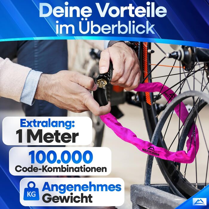 NEXTCOVER® LockPro: Захисний замок для велосипеда з кодовим замком - Оригінал - Високий рівень безпеки. Стале ланцюгове кріплення для велосипеда та електровелосипеда. Рожевий колір.