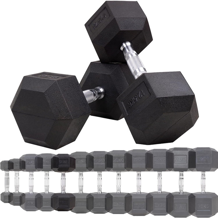 Гантелі шестигранні Miweba Sports HGH100 2,5-30 кг, пара, чавунні, з ергономічною ручкою, професійний набір гантелей
