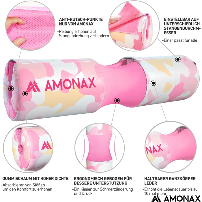Amonax Подушка для штанги, товста шийна накладка з екошкіри, для присідань, хіп-трасту та фітнесу, рожева камуфляж