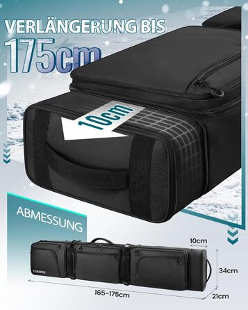 Чохол для сноуборду YOREPEK на колесах, водонепроникний, з кишенями для черевиків, розширюваний, 170 см, для 2 пар лиж/сноуборду, чорний