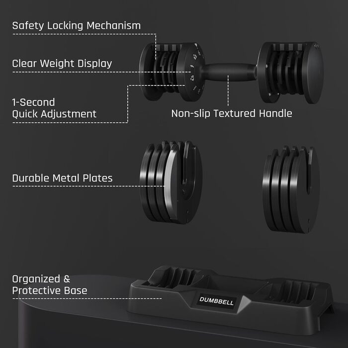 Регульована гантеля Yaheetech 15 кг, сталева, 2.5-24 кг, швидке налаштування, подвійне блокування, антиковзаюча, для дому, спортзалу, офісу