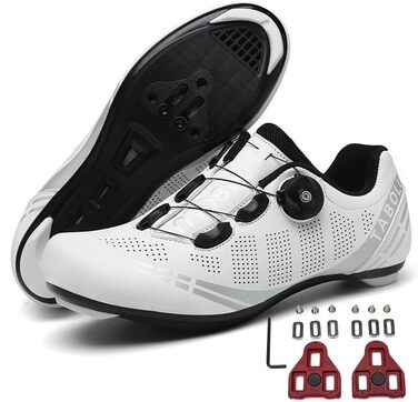 Велосипедні шкарпетки для жінок та чоловіків, велотуфлі з клітами, унісекс SPD, для шосе та гірських велосипедів, сумісні з велотренажерами, для їзди в приміщенні та на відкритому повітрі, розміри 36-47 EU (36 EU, білий)