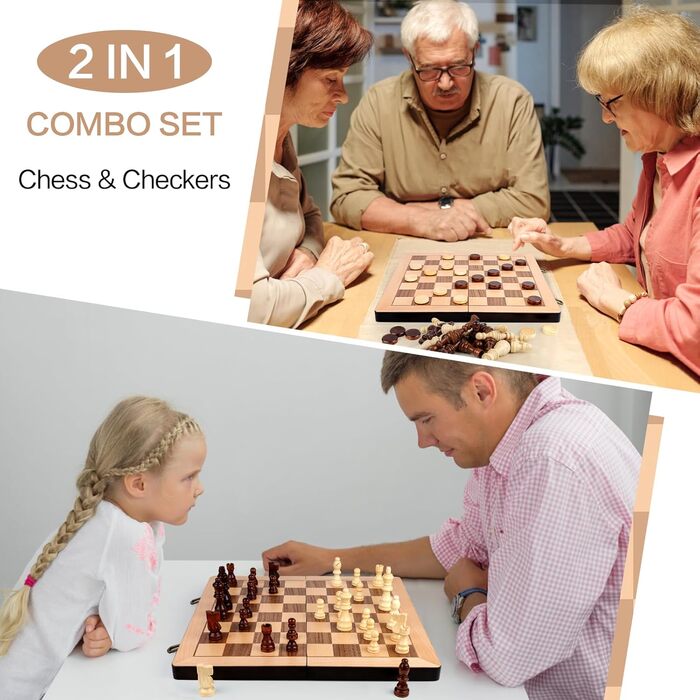 Набір шахів та шашок з дерева 15 дюймів, класичні складані ігри з фетровим внутрішнім відділенням для зберігання, 2 додаткові відсіки для фігурок шашок та шахів