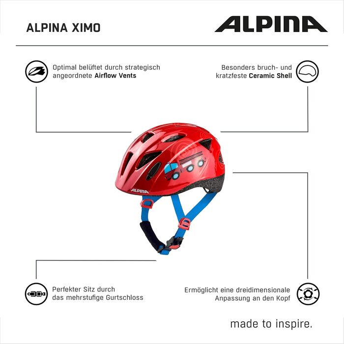 Дитячий велосипедний шолом ALPINA XIMO з LED-підсвіткою, легкий, ударостійкий, глянцевий, для дітей, firefighter, 47-51 см