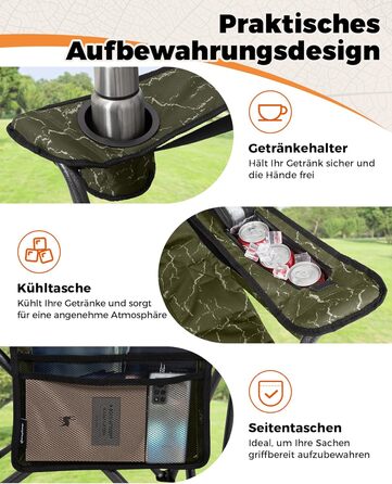 Крісло для кемпінгу KingCamp XXL, розкладне, до 205 кг, чорне. З регульованою спинкою, підсклянником та кишенею для напоїв. Ідеальне для риболовлі та відпочинку на природі.