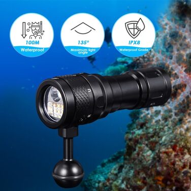 Willcrew DX70: Потужний водонепроникний дайверський ліхтар з регулюванням яскравості та UV/Red світлом, 3000 люменів, 100 метрів, для дайвінгу та фото/відео зйомки під водою