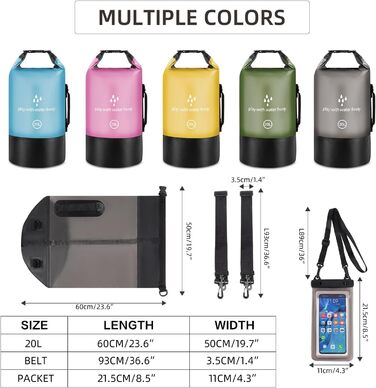 Водонепроникний мішок Drysack 20 л Roll-Top з кишенею для телефону – для каякінгу, човнів, походів, рафтингу, плавання, кемпінгу та риболовлі (Чорний)