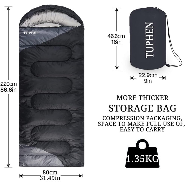 Спальний мішок 3-4 сезони для дорослих та дітей - легкий, водонепроникний, для кемпінгу та подорожей (86.61''x31.49'', темно-сірий)