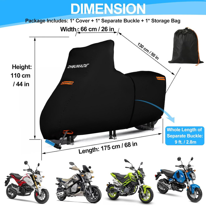 Водонепроникний чохол для мотоцикла Mini Motorrad Abdeckplane Outdoor, 420D Oxford, з відбиваючими смугами, сумісний з Honda Grom, MSX125, Navi, Monkey 125, ролер 50cc (175x66x110cm)