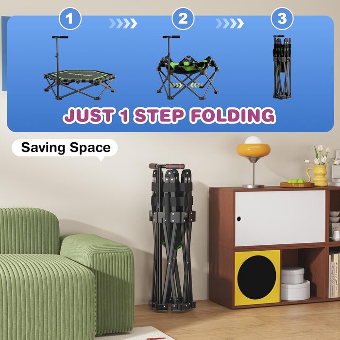 Трамплін для фітнесу MOMODA складаний, з ручкою, діаметр 106 см, зелений. Підходить для дітей та дорослих.