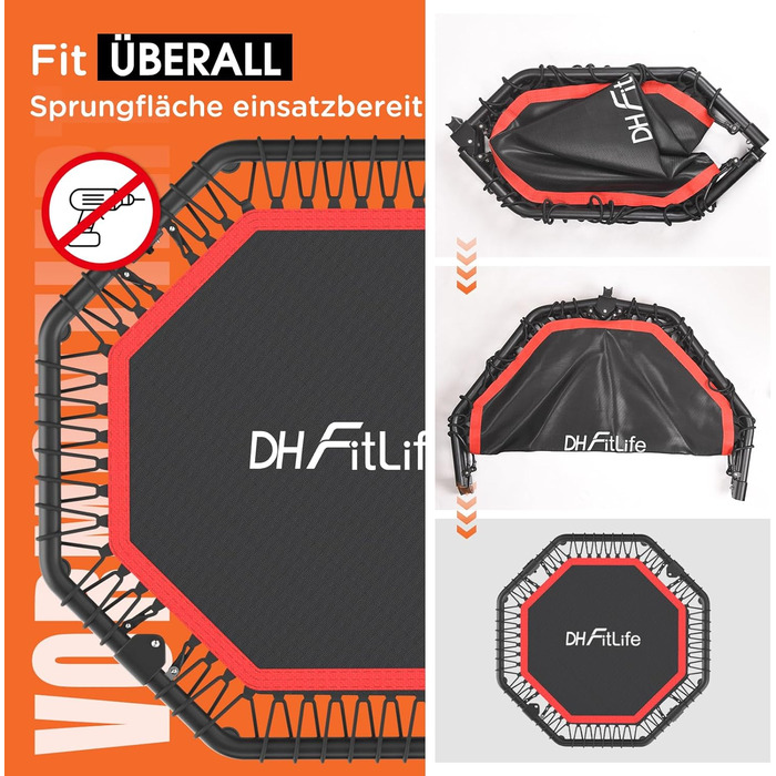 Трамплін для фітнесу DH FitLife: складаний, тихий, з гумовим тросом, без встановлення. Діаметр 115/128 см, з 3 рівнями регулювання ручки. Підходить для занять вдома та на вулиці.