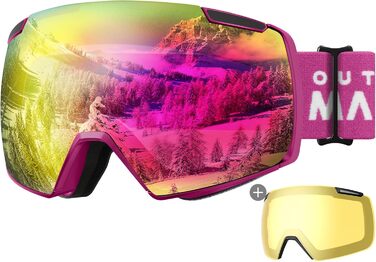 OutdoorMaster Heron: Скі-маска з 2 лінзами, без рамки, з магнітним кріпленням, HD Toric лінзи, OTG сноуборд маска для чоловіків та жінок, 100% UV захист, A-Rose/RevoPink VLT 13% + жовта лінза