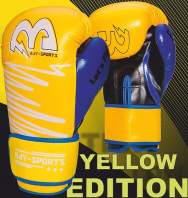 Боксерські рукавички BAY-Sports Yellow Edition неон жовті/сині 8, 10, 12 унцій для боксу, кікбоксингу, MMA, муай тай