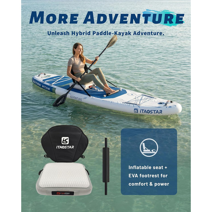 SUP-дошка iTAOSTAR Adventure 365x88/99 см з сидінням, надувний сапборд для підлітків/дорослих, 5 плавників, чорний