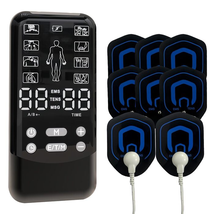 EMS TENS пристрій для терапії болю, 3-в-1 масажер, апарат електростимуляції для зняття болю. 24 програми масажу, 2 канали, 8 електродів
