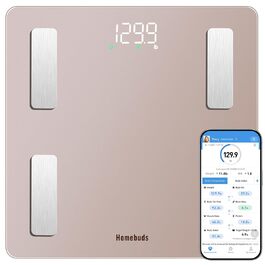 Інтелектуальна вага для тіла Homebud з LED-дисплеєм, рожеве золото, 182 кг, точність 0,05 кг, 13 показників тілобудови, синхронізація з додатком