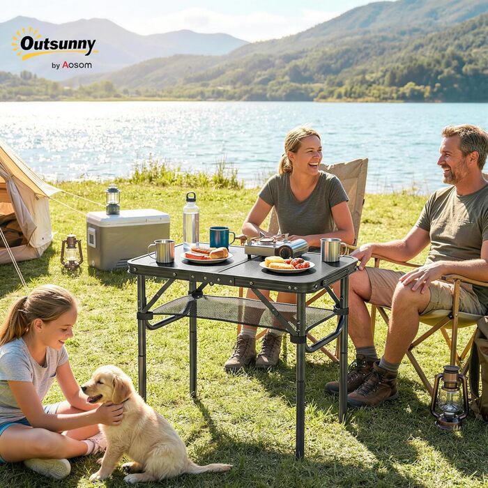 Складний кемпінговий стіл Outsunny 60 см з сітчастою кишенею, 4 регульовані висоти, чорний