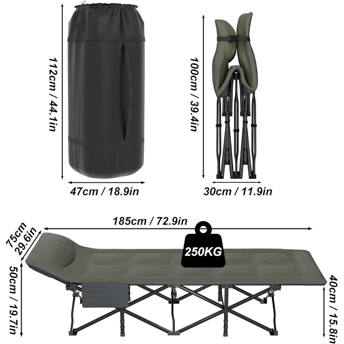 Розкладне ліжко для кемпінгу FIVMEN 185x75 см з матрацом, подушкою та кишенею, до 250 кг, для відпочинку на природі, риболовлі та гостей