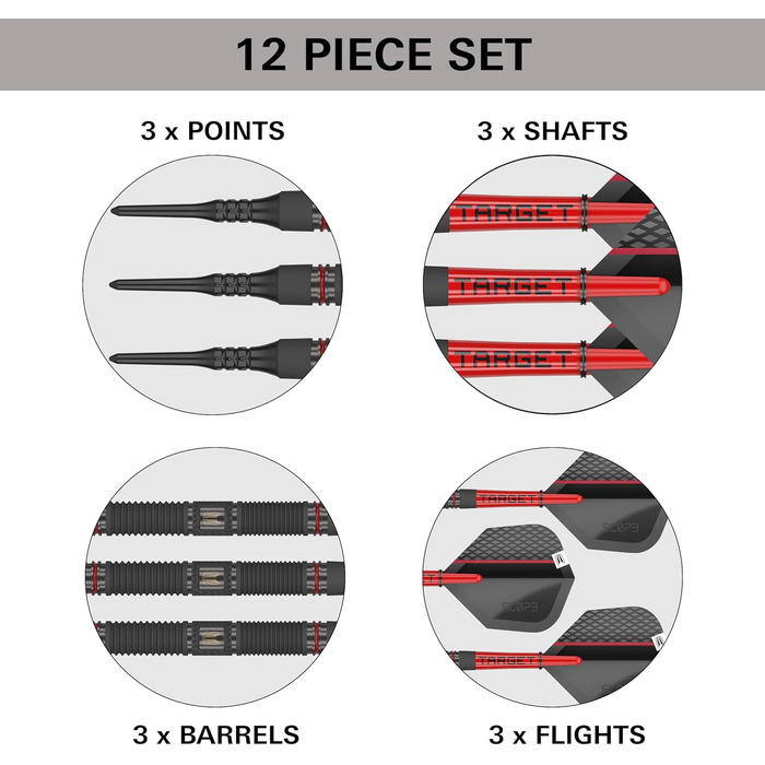 Набір електронних дартс Target Darts Scope Softdarts, 90% вольфрам, червоні та чорні дартси з Pixel-наконечниками, ваги 18/19/20/21 г