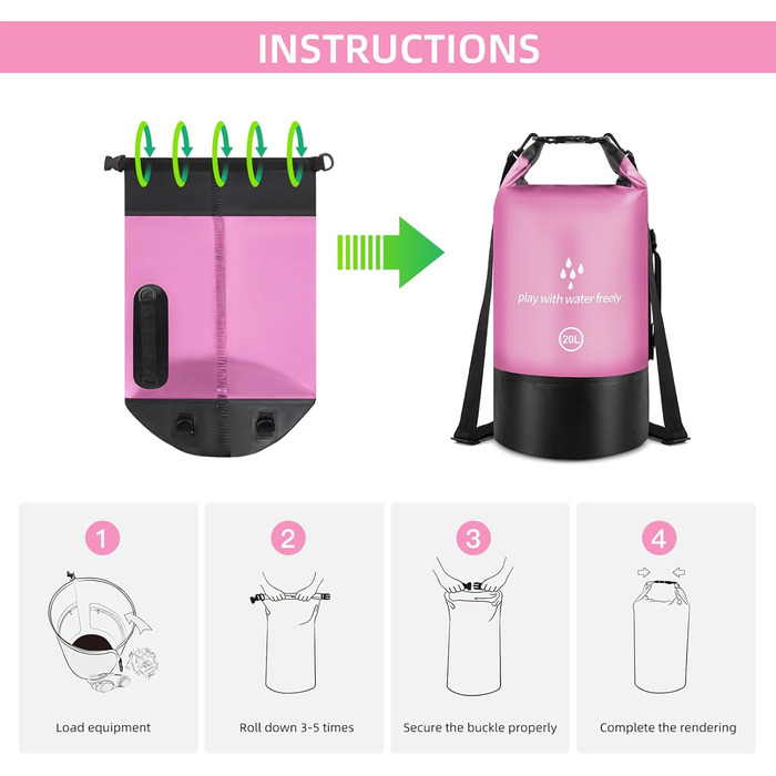 Водонепроникний сухий мішок GES 20 л Roll-Top з кишенею для телефону - для каякінгу, човнів, походів, рафтингу, плавання, кемпінгу та риболовлі (Рожевий)