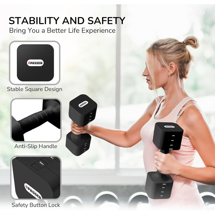 Набір гантелей 20 кг, регульовані, 5-в-1, для фітнесу, дому, силових тренувань (2/4/6/8/10 кг), чорний