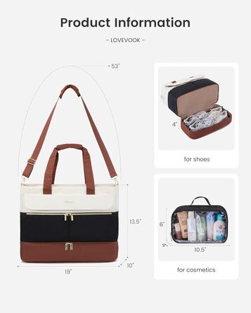 Сумка-мішок LOVEVOOK Weekender 45L для подорожей, спорт, клініки, пологового будинку. З відділенням для взуття та мокрих речей. Чорний+бежевий+коричневий.