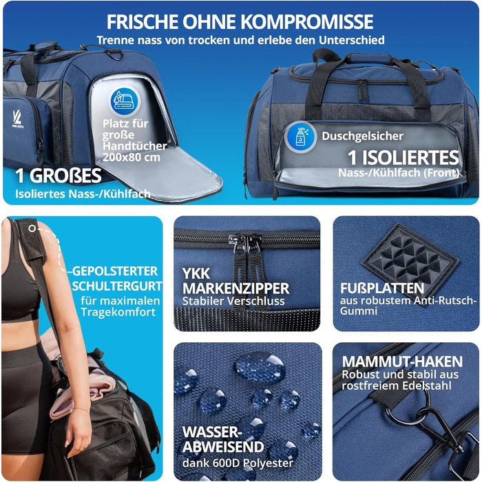 Спортивна сумка V® з відділенням для взуття, мокрою білизною та ізольованим холодильним відсіком. Сумка для сауни, подорожей, спортзалу, фітнесу, плавання. Чорно-сірий (XL, Синьо-карбоновий)